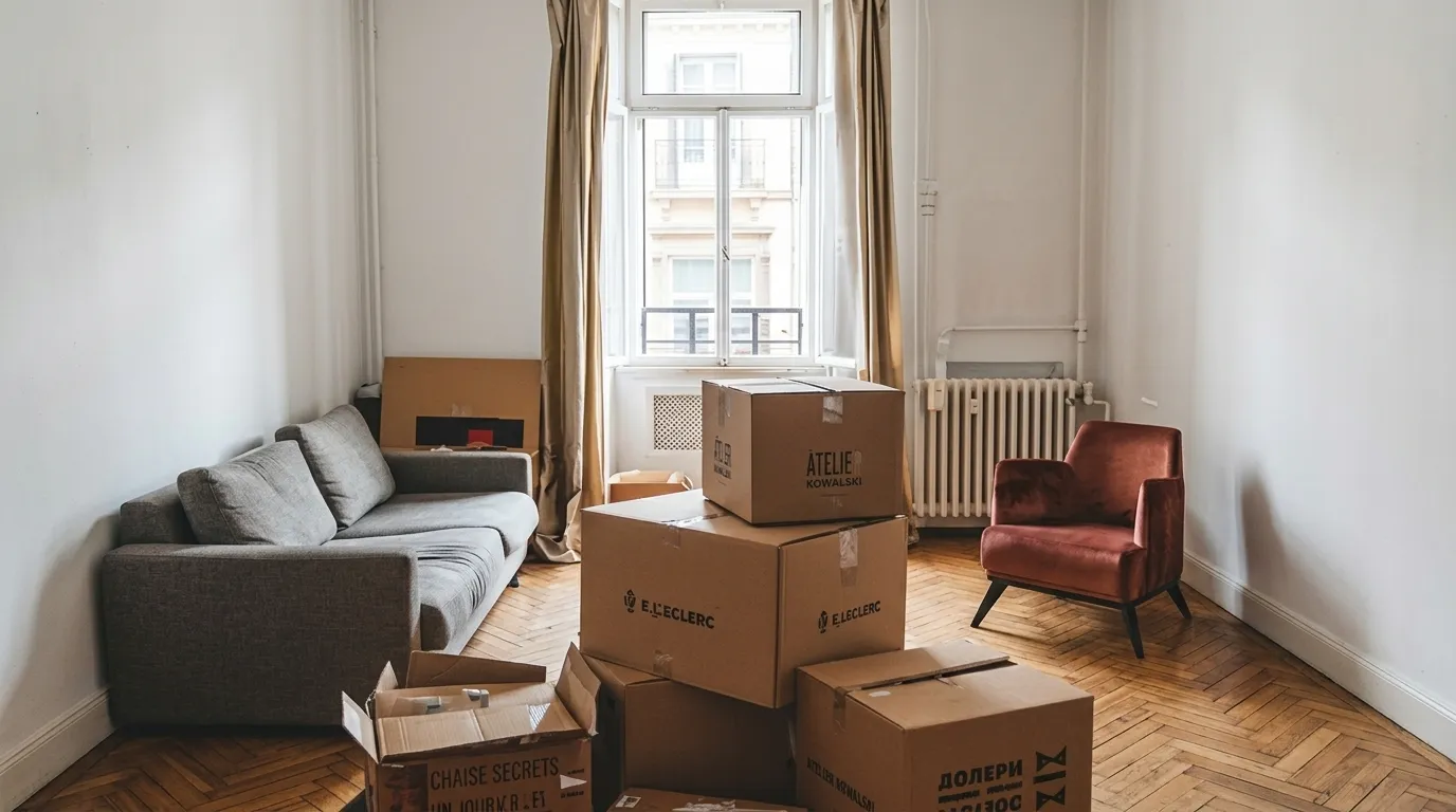 A stack of packed moving boxes in the center of a bright living room with a grey sofa, velvet armchair, and hardwood floors, illustrating a home relocation in progress.