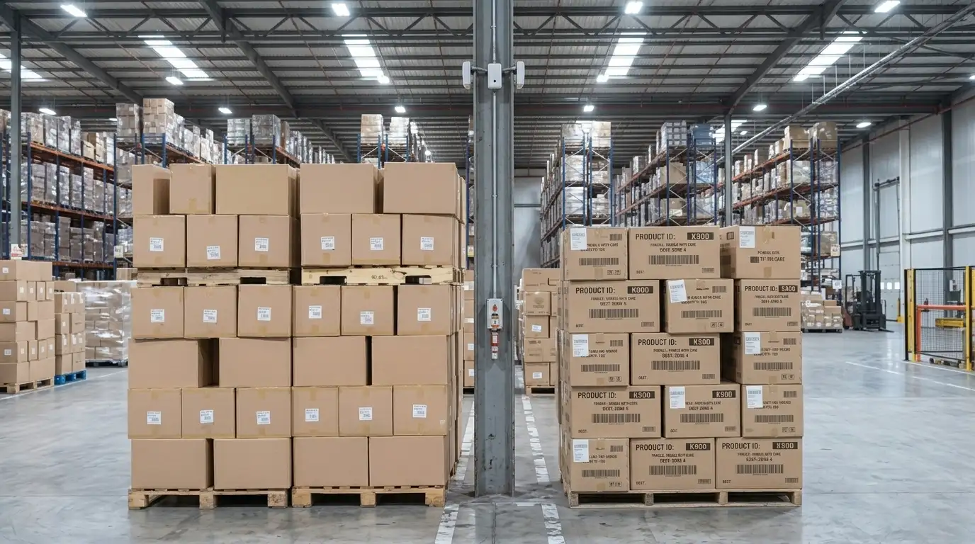Neat stacks of industrial shipping boxes on wooden pallets within a modern, well-lit warehouse facility showcasing efficient storage solutions.