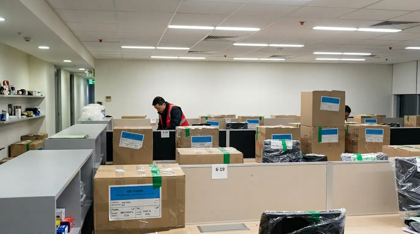 A professional mover organizing labeled boxes and equipment in a large open-plan office during a corporate relocation by moving services Enfield.
