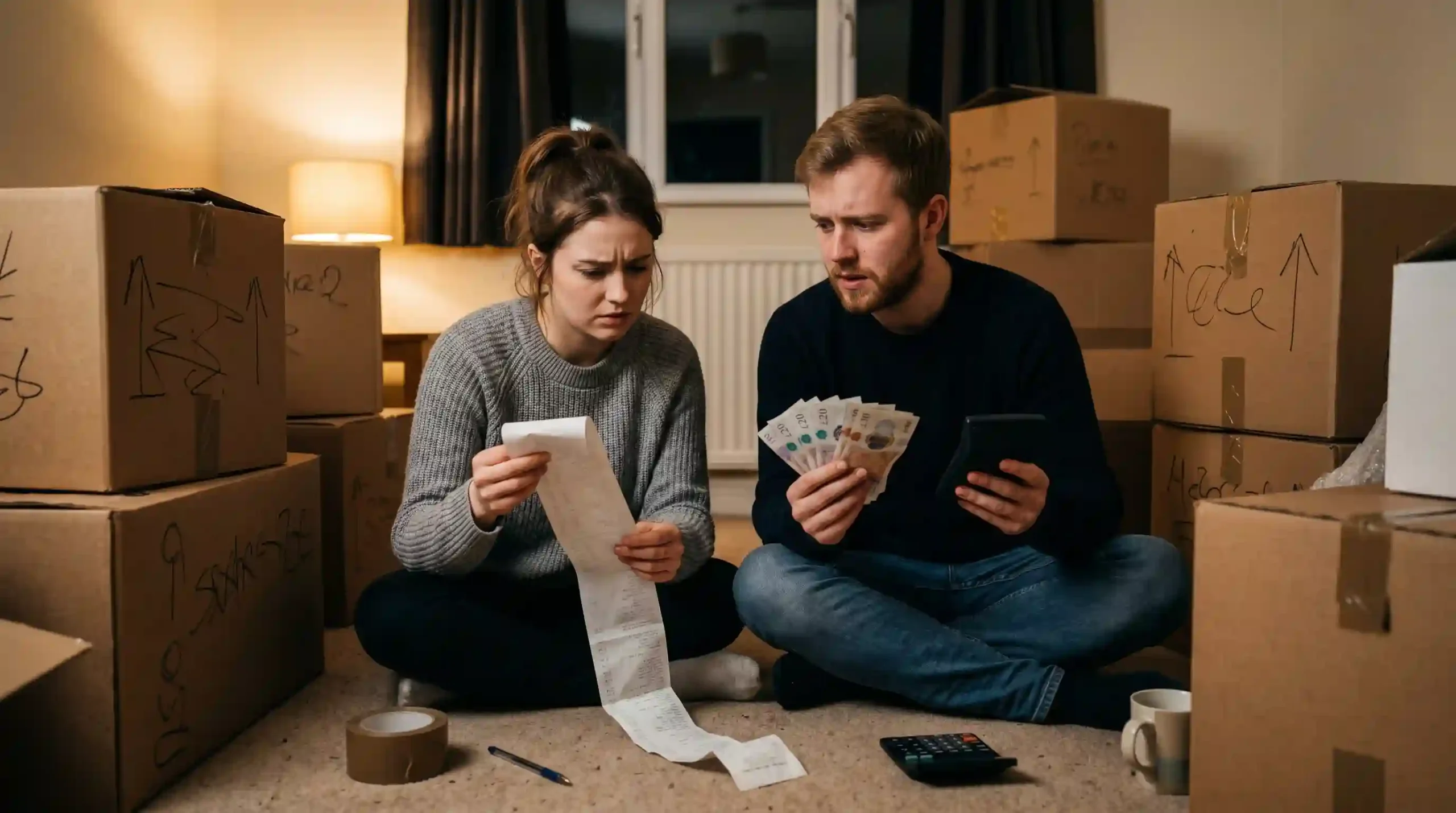 A stressed young couple sitting on the floor surrounded by moving boxes, counting cash and checking a long receipt to calculate additional removal costs to consider.