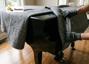 Close-up of a black grand piano carefully wrapped in thick grey moving blankets by a professional mover wearing work gloves