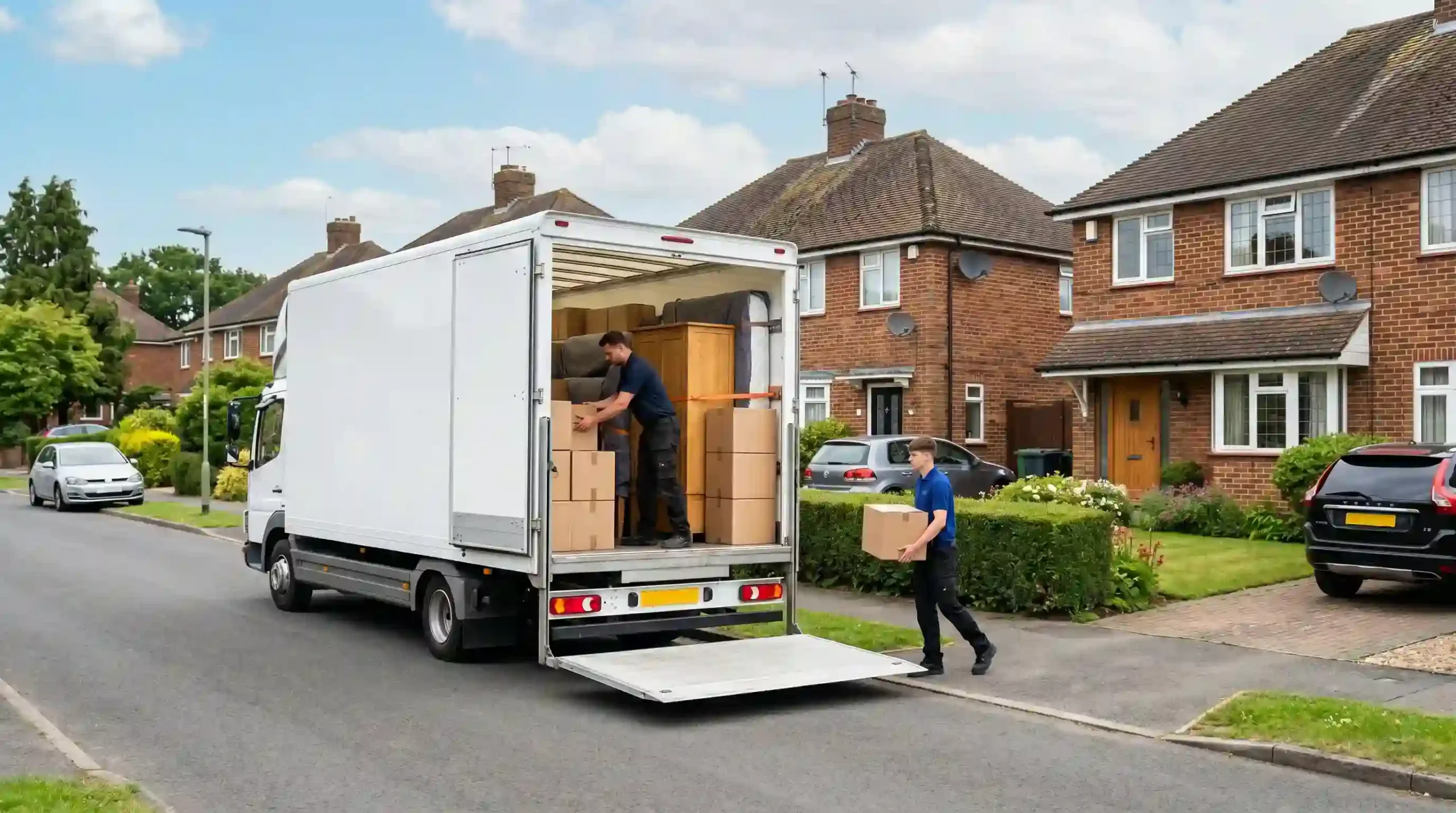 Professional movers loading cardboard boxes and furniture into a large white removal truck parked on a residential street, illustrating house removal cost by distance calculation.