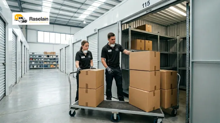 Professional removal team loading cardboard boxes into a secure moving house storage uni
