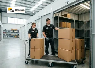 Professional removal team loading cardboard boxes into a secure moving house storage uni