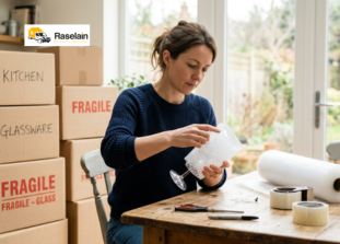 Person wrapping a wine glass in bubble wrap while packing fragile items for a house move
