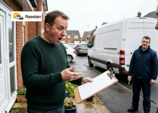 Homeowner looking shocked at a removal quote while a worker stands by a large van in a UK residential street.